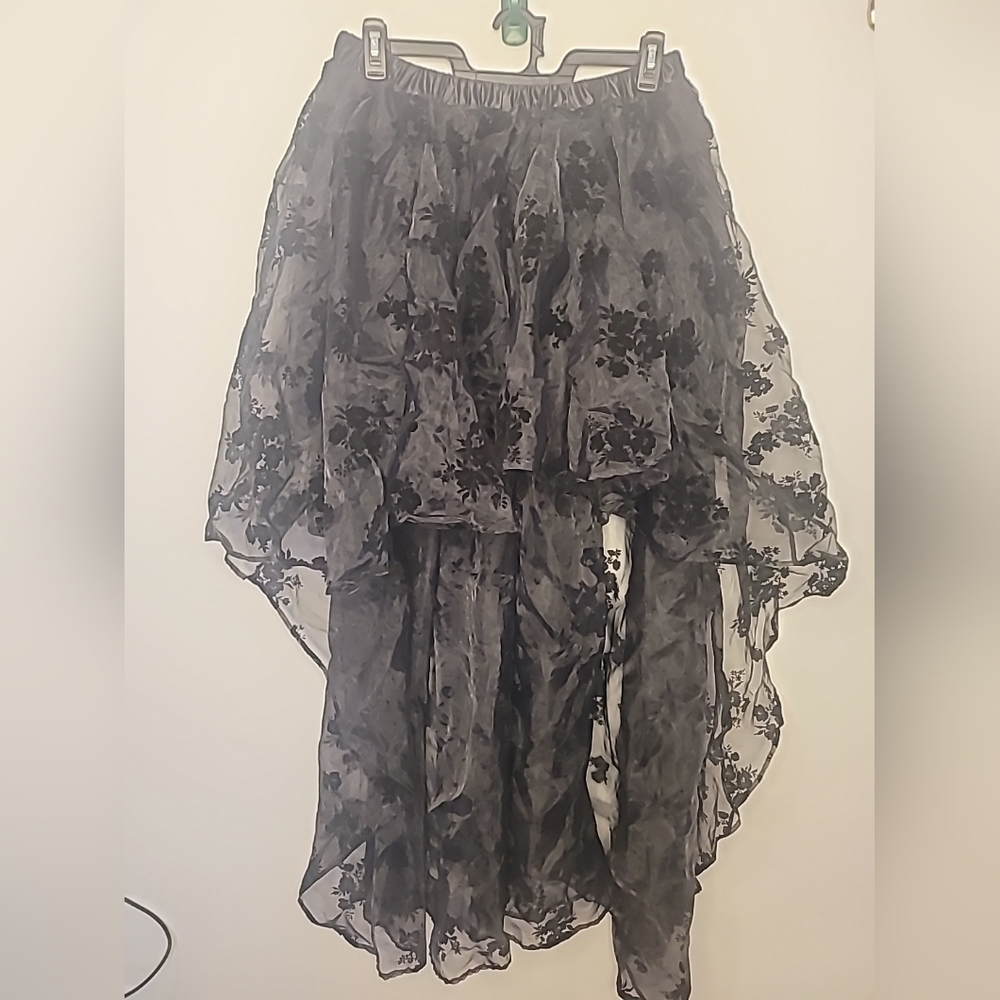 Elegant Black Floral Women's High Low Tulle Skirt Size L/XL
